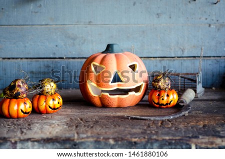 Flanders / Belgium - 07/23/2019 : Scary pumpkin Jack decoration or halloween business commerce in the end of october.