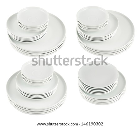 Accurate pile stack of the round ceramic white dish plates isolated over white background, set of four foreshortenings