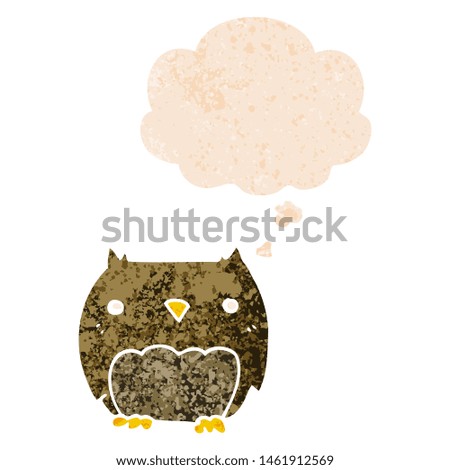 cute cartoon owl with thought bubble in grunge distressed retro textured style