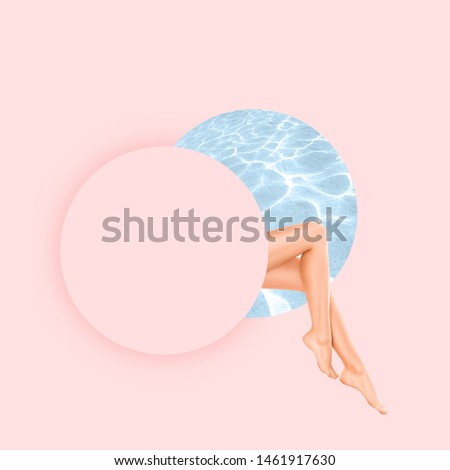 Resort can bring your lost part back. Female legs on pink background with ocean water. Negative space to insert your text. Modern design. Contemporary art. Creative conceptual and colorful collage.