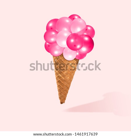 Healthy food. An alternative icecream made with balloons on coral background. Negative space to insert your text. Modern design. Contemporary art. Creative conceptual and colorful collage.