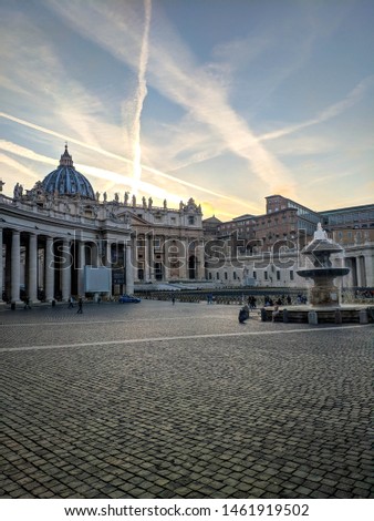 Incredible sky in Vatican, Italy. Basilica of St. Peter. Saint Paul's Cathedral. Photos for calendars, magnets and cards. Beautiful pictures of the Vatican. Traces of airplanes in the sky.