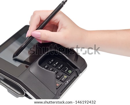 payment terminal, digital electronic signature on white background isolated Royalty-Free Stock Photo #146192432