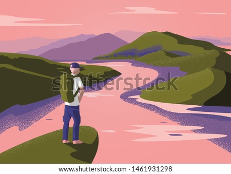 Adventurers exploring mountains and rivers, Tourist looking beautiful natural scenery. Concept of discovery, exploration, hiking, adventure tourism and travel. Flat vector illustration.