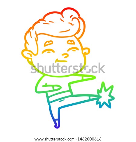 rainbow gradient line drawing of a happy cartoon man kicking