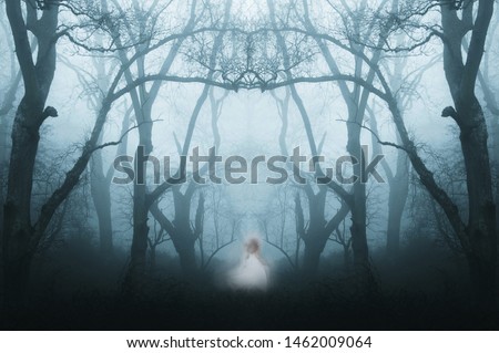 A mirrored, duplicate effect of a spooky, eerie forest in winter, with the trees silhouetted by fog. With a ghostly woman in white.