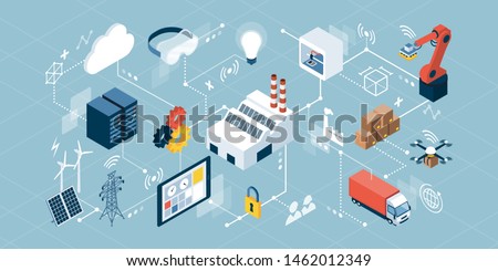 Industrial internet of things, innovative manufacturing and smart industry: isometric network of concepts Royalty-Free Stock Photo #1462012349