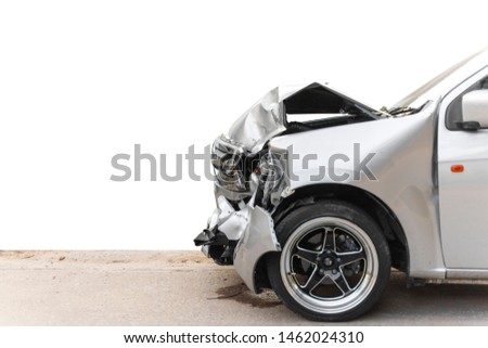 Front of light gray color car have big damaged and broken by accident on road can not drive any more park for wait insurance officer. Isolate on white background. Save with clipping path