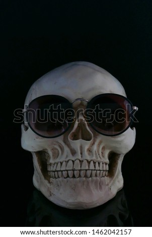 Skull wearing various differing styles of sunglasses against a black background
