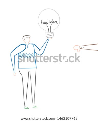 Man with bad idea light bulb and rejected with thumbs down, hand drawn vector illustration. Color outlines and white background.
