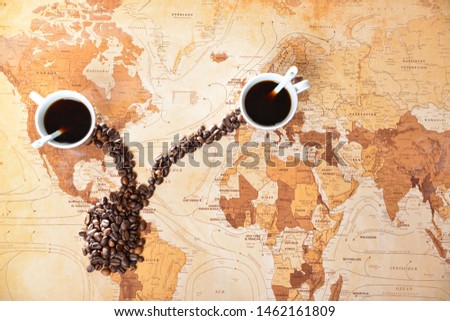The path of coffee on a map presented with coffee beans