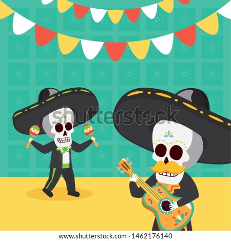 skeletons with guitar and maracas celebration viva mexico vector illustration