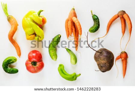 Ugly vegetables on a white background. Ugly food concept, flat lay. Royalty-Free Stock Photo #1462228283
