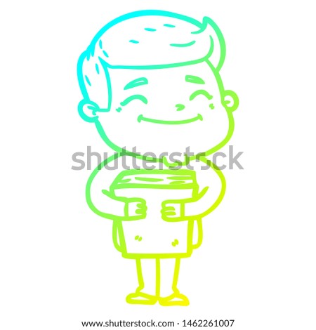 cold gradient line drawing of a happy cartoon man holding book