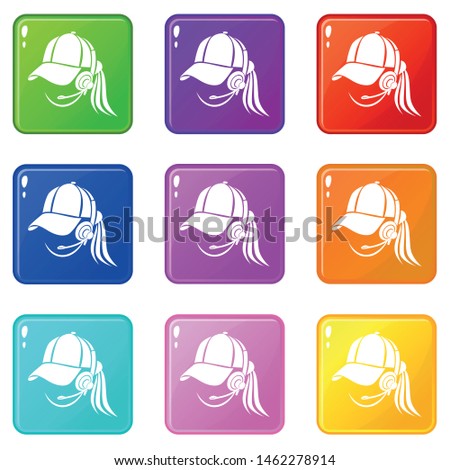 Woman consultant in headphones icons set 9 color collection isolated on white for any design