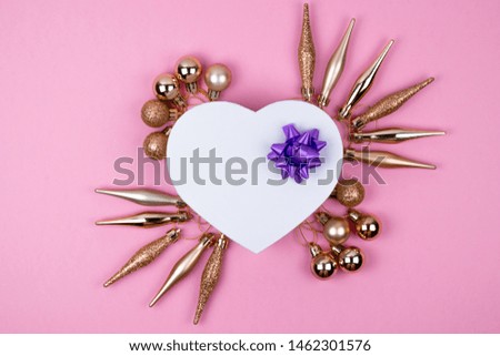 Christmas decorations on pink background. Flat lay, top view, copy space 
