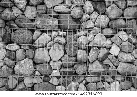 Stones in the iron mesh, background in b/w