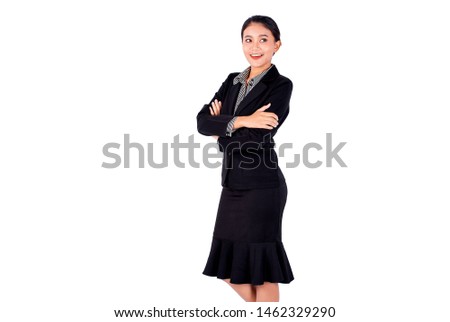 Isolate Asian pretty business woman stand and folded with smile on white background.
