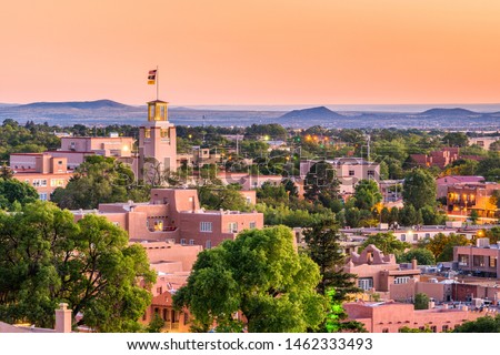 Santa Fe, New Mexico, USA downtown skyline at dusk. Royalty-Free Stock Photo #1462333493