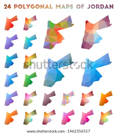 Set of vector polygonal maps of Jordan. Bright gradient map of country in low poly style. Multicolored Jordan map in geometric style for your infographics.