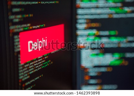 Programming language, Delphi inscription on the background of computer code. Modern digital technologies and programming training