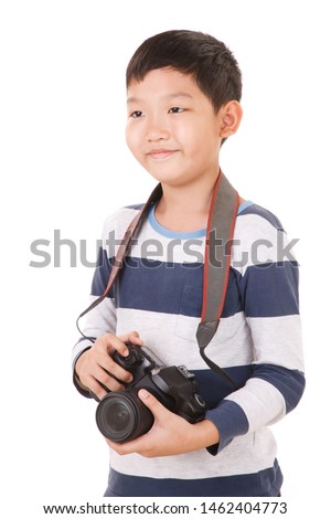 Smiling Asian boy with Camera Isolated on white background. 