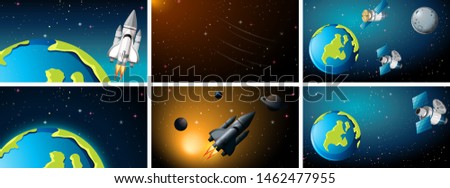 Space scenes with earth and rockets illustration