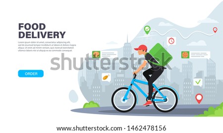 Courier on bicycle with parcel box on the back delivering food In city. Ecological fast delivery concept. Landing page design. Modern Vector illustration for websites