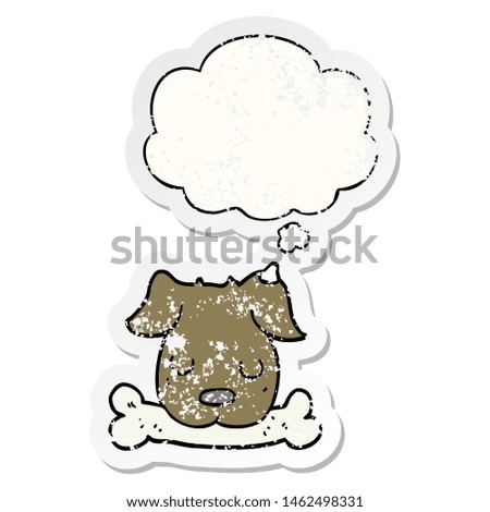 cartoon dog with bone with thought bubble as a distressed worn sticker