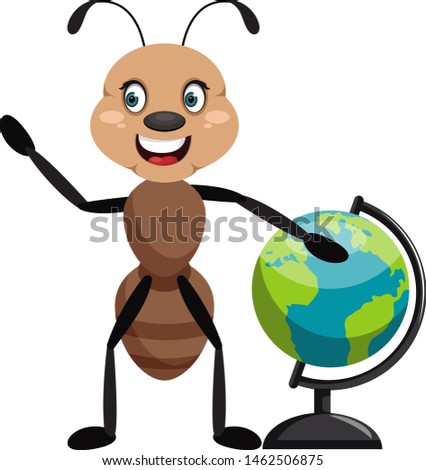 Ant with globe, illustration, vector on white background.