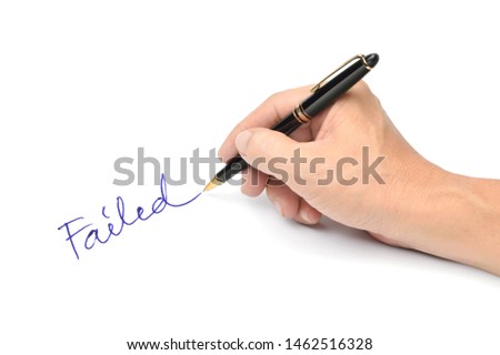 Close-up female hand holding luxury pen writing failed on white background.