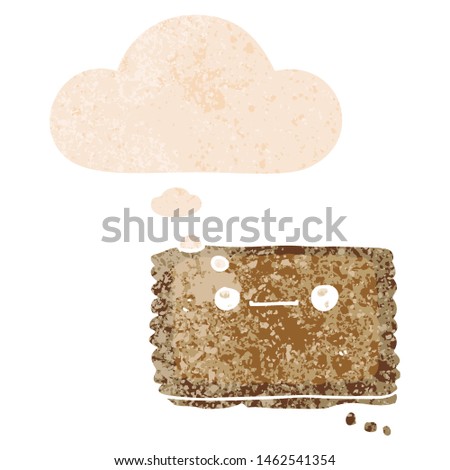 cartoon biscuit with thought bubble in grunge distressed retro textured style