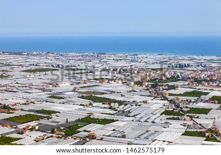 Aerial shot of greenhouses in Finike, Antalya. Fruit and vegetable agriculture in hot houses. 