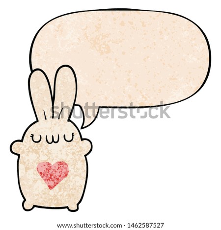 cute cartoon rabbit with love heart with speech bubble in retro texture style