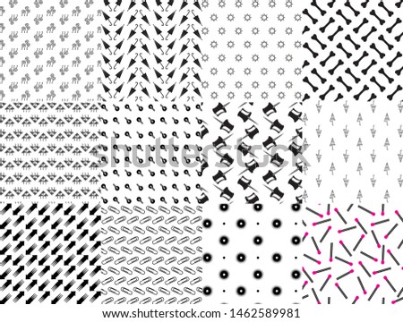  Set of simple black and white patterns of different items, umbrella, arrows, paper clips , matches, buttons, etc.