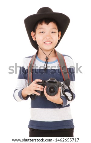 Happy Asian boy wears Cowboy hat Holding Camera Isolated on white background.