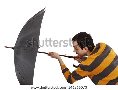 Man with big umbrella, on white