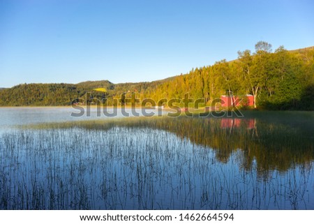 Calm lake within a forest in Norway with idylic house