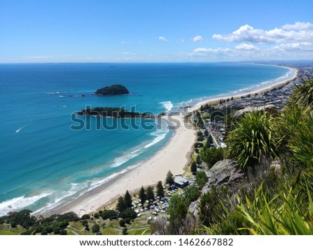 Omanu Beach viewed from the top of Mount Maunganui, Bay of Plenty, North Island New Zealand Royalty-Free Stock Photo #1462667882