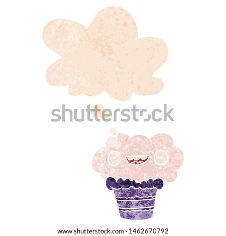 cartoon cupcake with thought bubble in grunge distressed retro textured style