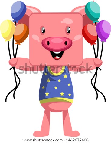 Pig holding balloons, illustration, vector on white background.