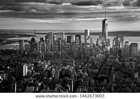 view of Lower Manhattan, Hudson river and statue of liberty in Downtown New York