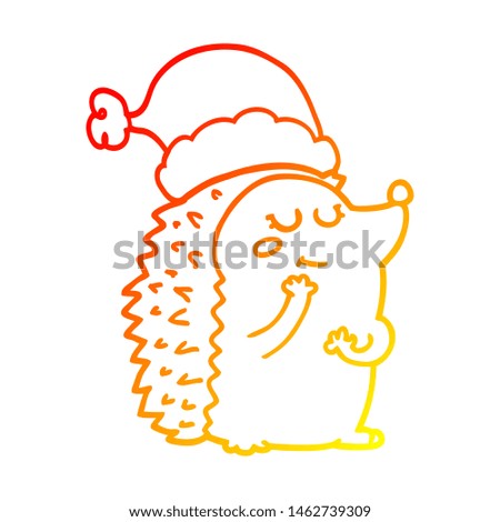warm gradient line drawing of a cartoon hedgehog wearing christmas hat