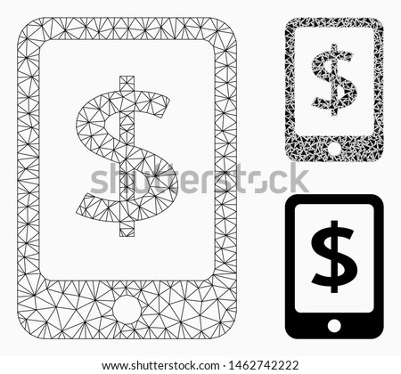 Mesh mobile payment model with triangle mosaic icon. Wire frame triangular mesh of mobile payment. Vector mosaic of triangle elements in different sizes, and color tinges.