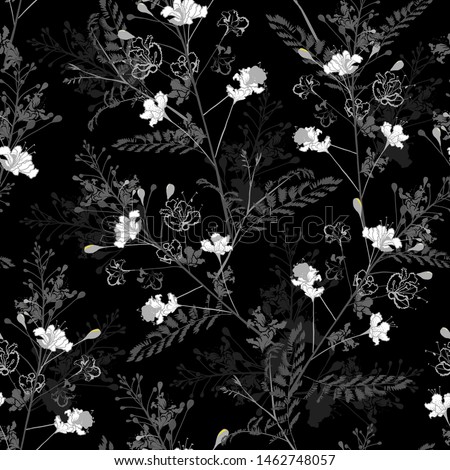 Monotone black and white  Seamless pattern repeat in vector of blooming peacock florals design for fashion,fabric ,web,wallaper ,wrapping and all prints on black background