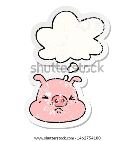cartoon angry pig face with thought bubble as a distressed worn sticker