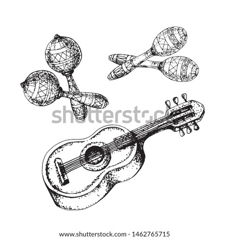 A set of national, traditional, Mexican musical instruments, maracas and guitar. Hand-drawn on paper, in the form of a black and white contour, on a white background, site design element, magazine,