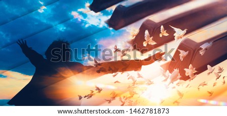Evangelical Christian music concept background. Musical design with piano and sunset landscape with white doves.