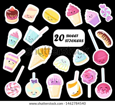 Fashion patch badges. Candy set. Stickers, pins, patches and handwritten notes collection in cartoon 80s-90s comic style. Trend. Vector illustration isolated. Vector clip art.
