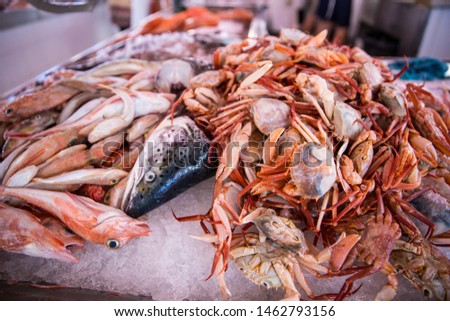 Seafood on ice with crab stock photo